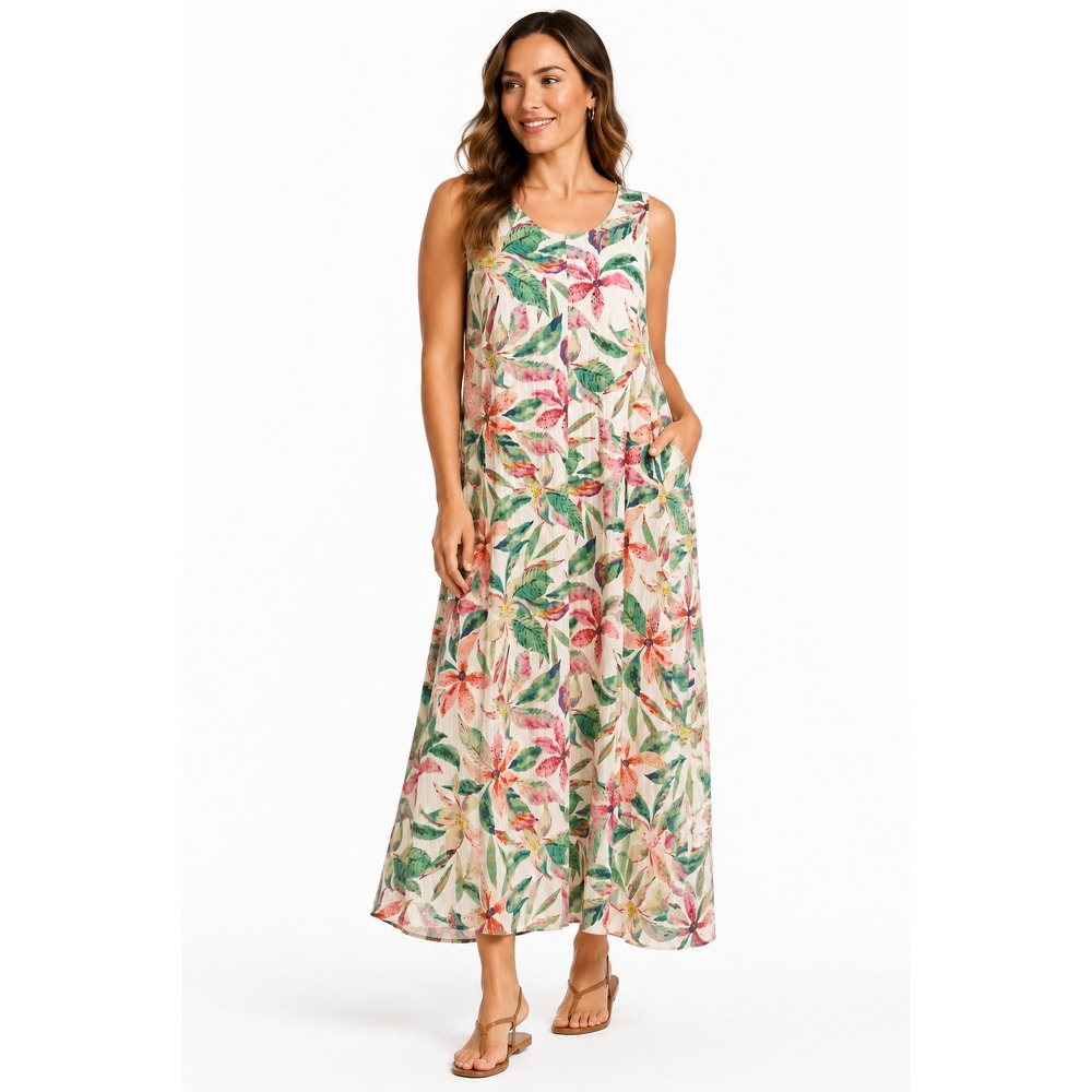 Cuddl Duds Wide Rib 2-Way Round to V-Neck Tank Watercolor Flora Maxi Dress Sz. L